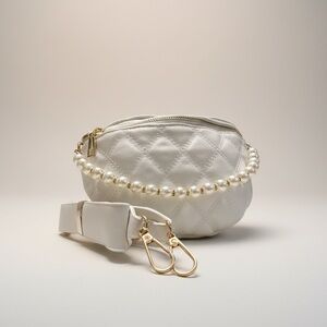 White Quilted Pearl Crossbody Belt Bag Gold Hardware Rhinestone Detail